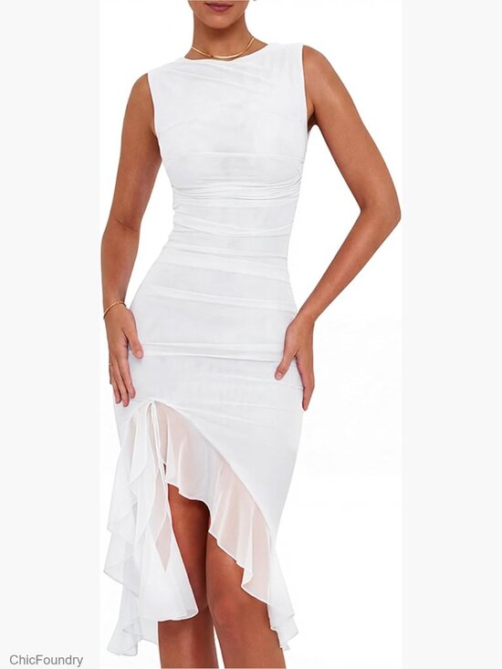 Dresses & Skirts - Sleeveless Ruched Bodycon Midi Dress with Asymmetrical Ruffle Hem